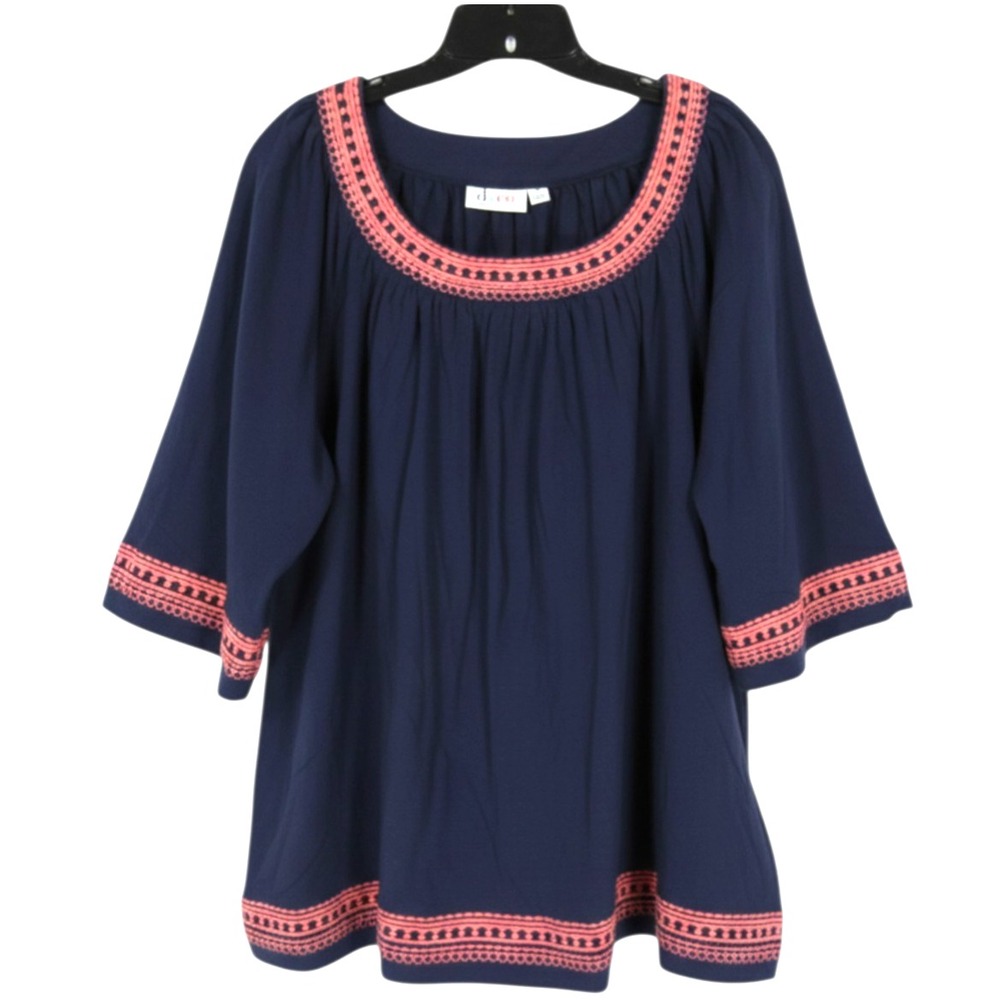 D&CO DENIM COMPANY Navy Twill CORAL EMBROIDERED Pleated PEASANT BLOUSE/TOP Sz 3X